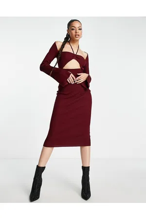 Missguided Cut out halter neck midaxi dress in burgundy