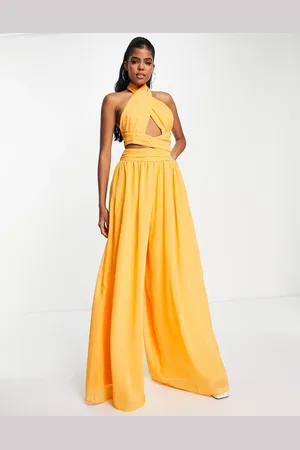 ASOS Halter ruched jumpsuit with cut out in marigold