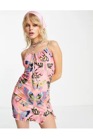 Bershka Lace trim butterfly print mini dress in