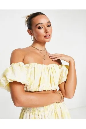 ASOS Off shoulder puff crop top in floral jacquard