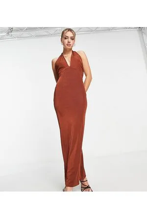 In The Style X Yasmin Devonport exclusive twist halterneck maxi dress in chocolate