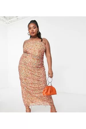Pretty Lavish Curve ruched bandeau midaxi dress in ditsy brown floral