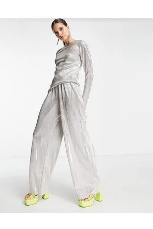 4th & Reckless Plisse flared trousers co-ord in metallic plisse
