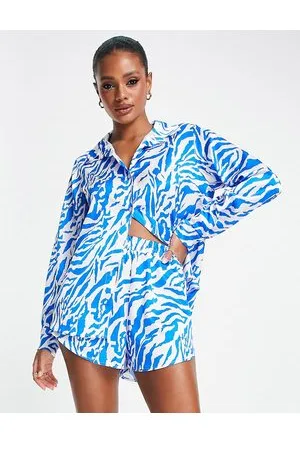 I saw it first Satin shirt co-ord in blue zebra