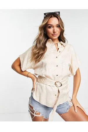 River Island Batwing jacquard tie waist shirt in light