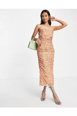 Pretty Lavish ruched bandeau midaxi dress in ditsy brown floral