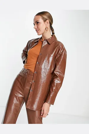 4th & Reckless Oversized leather look embossed shirt co-ord in chocolate