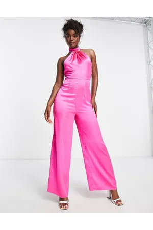 Miss Selfridge Satin halter wide leg jumpsuit in hot