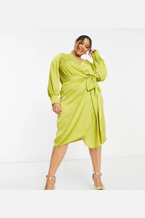 Never Fully Dressed Satin wrap midi dress in olive