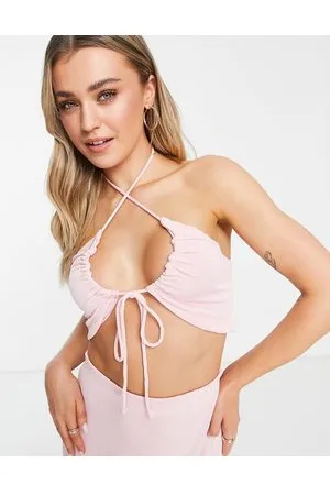 Monki Co-ord ruched front halter crop top in pale