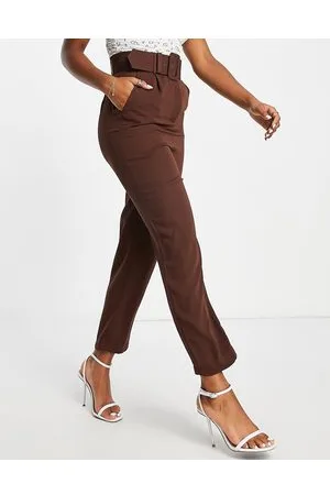 Style Cheat High waisted tailored trouser with buckle in chocolate