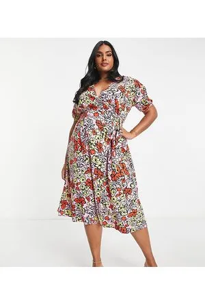 Influence Wrap front midi dress in bold floral print
