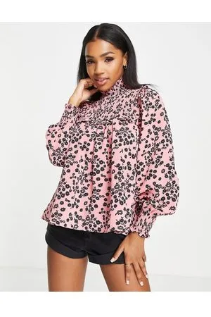 Glamorous Shirred neck smock blouse in pink ditsy floral