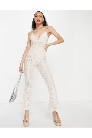 ASOS Crochet strappy plunge wide leg jumpsuit in cream