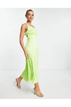 River Island Rushed bodice bow back satin midi dress in lime