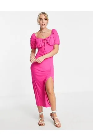 New Look Ruched bust puff sleeve midi dress with side split in bright
