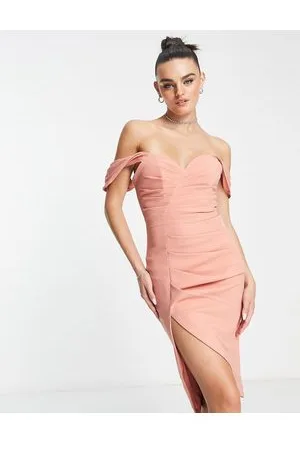 Lavish Alice Pleated bardot midi dress in coral