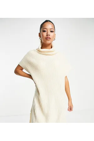 Threadbare Petite Aaliyah roll neck knitted mini dress in stone