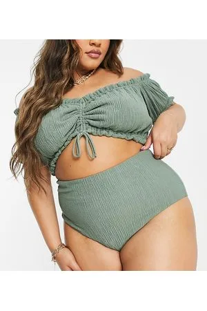 ASOS ASOS DESIGN Curve high waist bikini bottom in texture in khaki