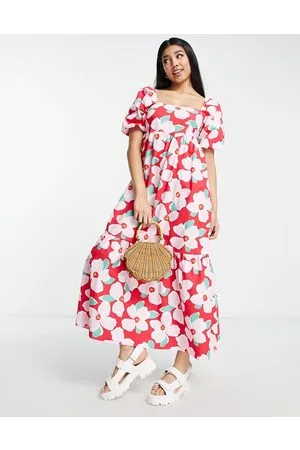 New Look Puff sleeve square neck midi dress in bold retro floral
