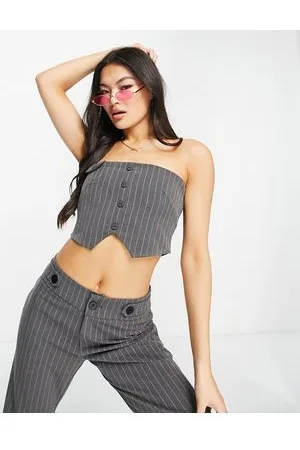 The Kript Bandeau 90s crop top with button detail in pinstripe co-ord