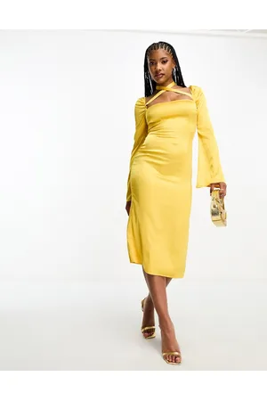 Public Desire Satin midi dress with cross neck in mustard
