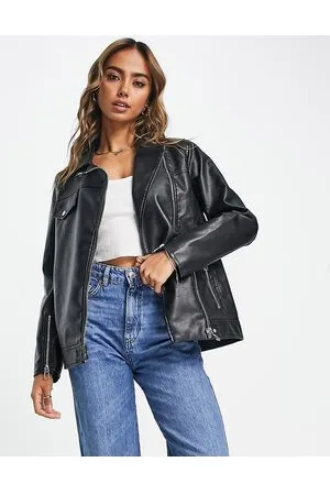 Miss Selfridge Longline faux leather biker jacket in