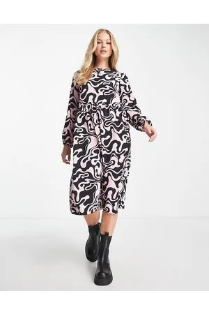 Monki Midi dress in pink and brown swirl print
