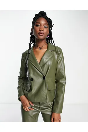 Noisy May Faux leather cropped blazer jacket co-ord in khaki