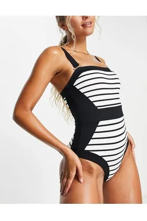 Accessorize Stripe with belt detail swimsuit in black white