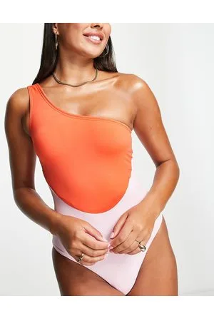 VERO MODA One shoulder colourblock swimsuit in pink and red