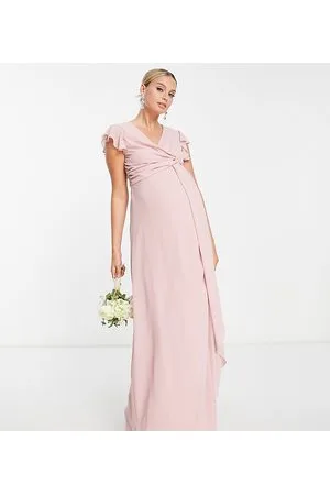 TFNC Bridesmaid flutter sleeve ruffle detail maxi dress in blush