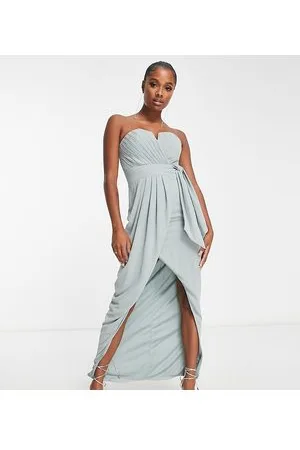 TFNC Bridesmaid exclusive bandeau wrap midaxi dress with pleated detail in sage