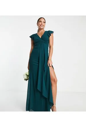 TFNC Bridesmaid flutter sleeve ruffle detail maxi dress in emerald