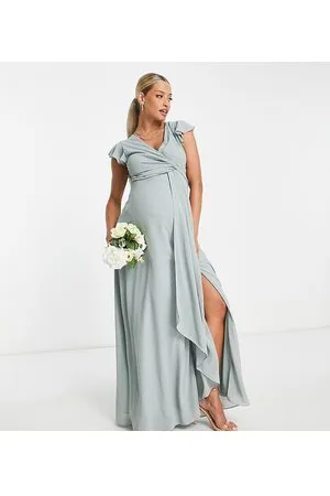 TFNC Bridesmaid flutter sleeve ruffle detail maxi dress in sage