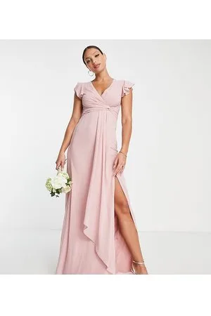 TFNC Bridesmaid flutter sleeve ruffle detail maxi dress in blush