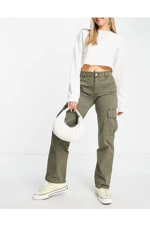 Pull&Bear High waisted straight leg cargo trousers in khaki