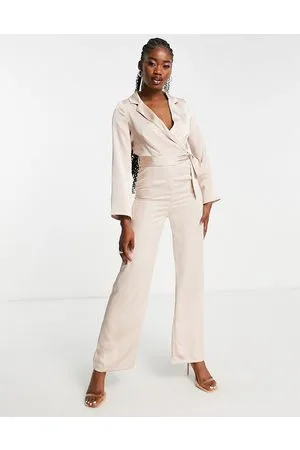 Miss Selfridge Satin long sleeve wrap jumpsuit in