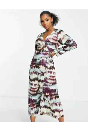 Monki Satin wrap midi dress in blurred abstract print