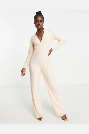 In The Style Exclusive sequin plunge front wide leg jumpsuit in champagne