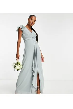 TFNC Bridesmaid flutter sleeve ruffle detail maxi dress in sage