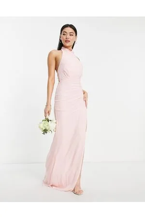 TFNC Bridesmaid chiffon high neck maxi dress with tie back in whisper