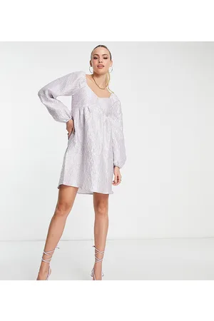 Pieces Premium puff sleeve babydoll mini dress in lilac jacquard
