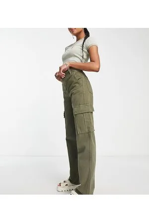 Stradivarius Petite straight leg cargo trouser in khaki