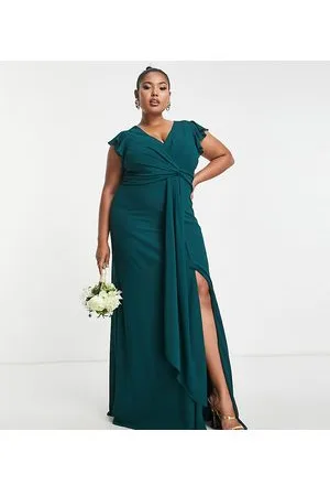 TFNC Bridesmaid flutter sleeve ruffle detail maxi dress in emerald