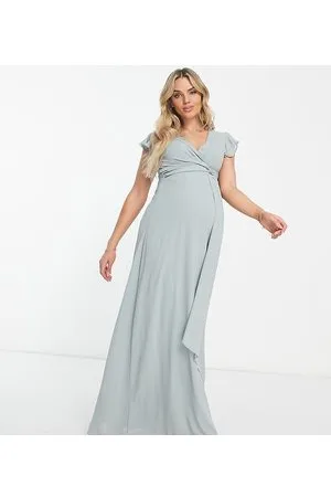 TFNC Bridesmaid flutter sleeve ruffle detail maxi dress in sage