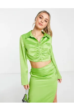 In The Style Exclusive cropped ruched shirt co-ord in lime