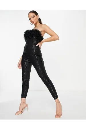 Jaded Rose Bandeau sequin jumpsuit with faux feather trim