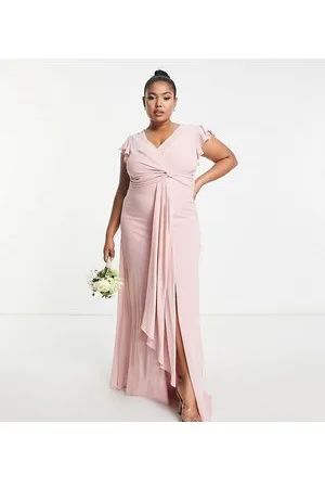 TFNC Bridesmaid flutter sleeve ruffle detail maxi dress in blush