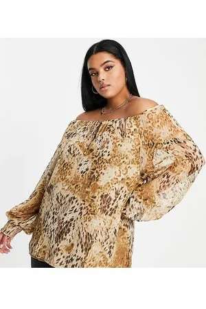 River Island Off bardot volume sleeve blouse in beige animal print